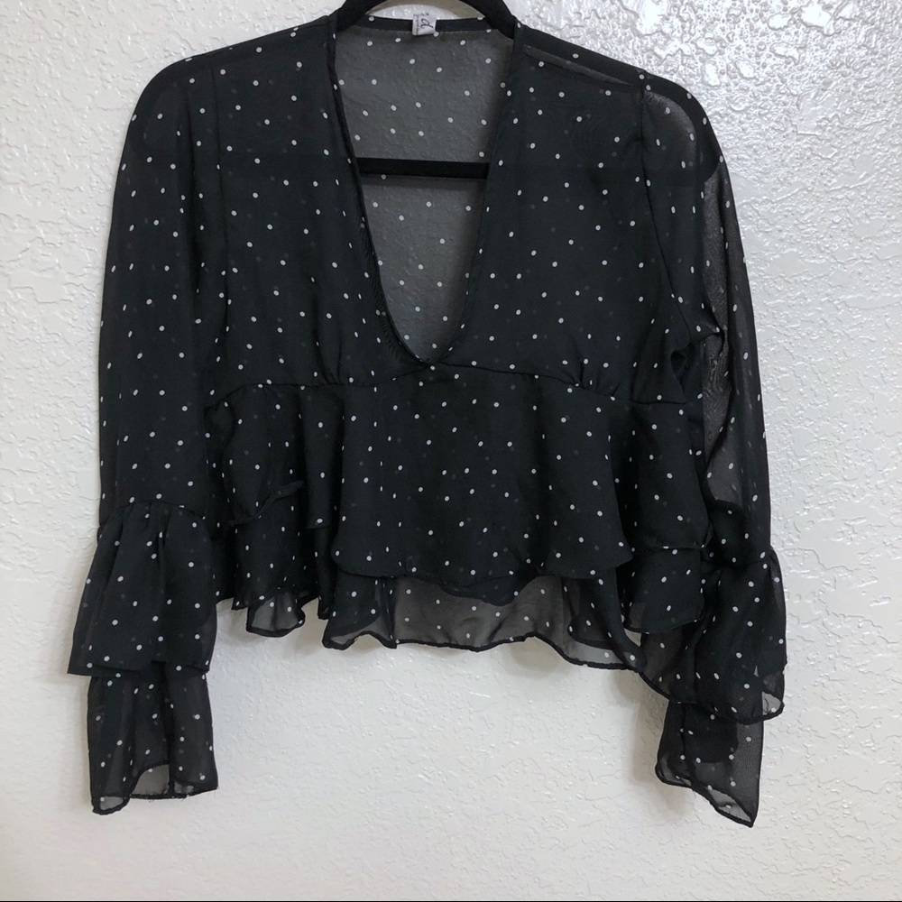 Black & White Polka Dot Ruffle Sleeve Crop
